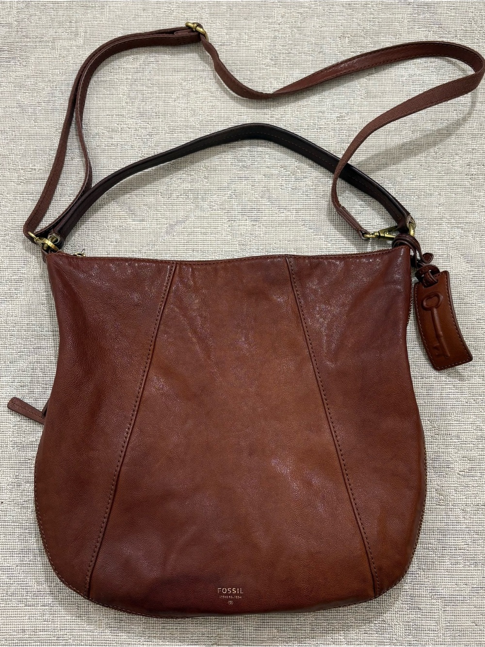 Fossil Gwen Saddle Bag Crossbody Goat Hide Leather Expandable Brown Purse